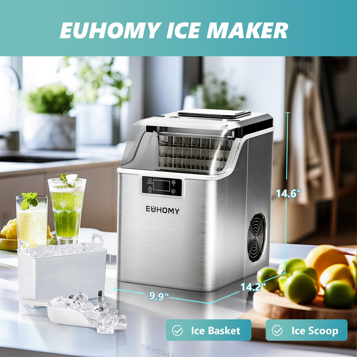 EUHOMY Ice Cube Maker Machine Countertop, 2 Ways to Add Water, 45Lbs/Day 24 Pcs Ready in 13 Mins, Self-Cleaning Portable Compact, with Ice Scoop & Basket, Perfect for Home/Kitchen/Office/Bar EUHOMY
