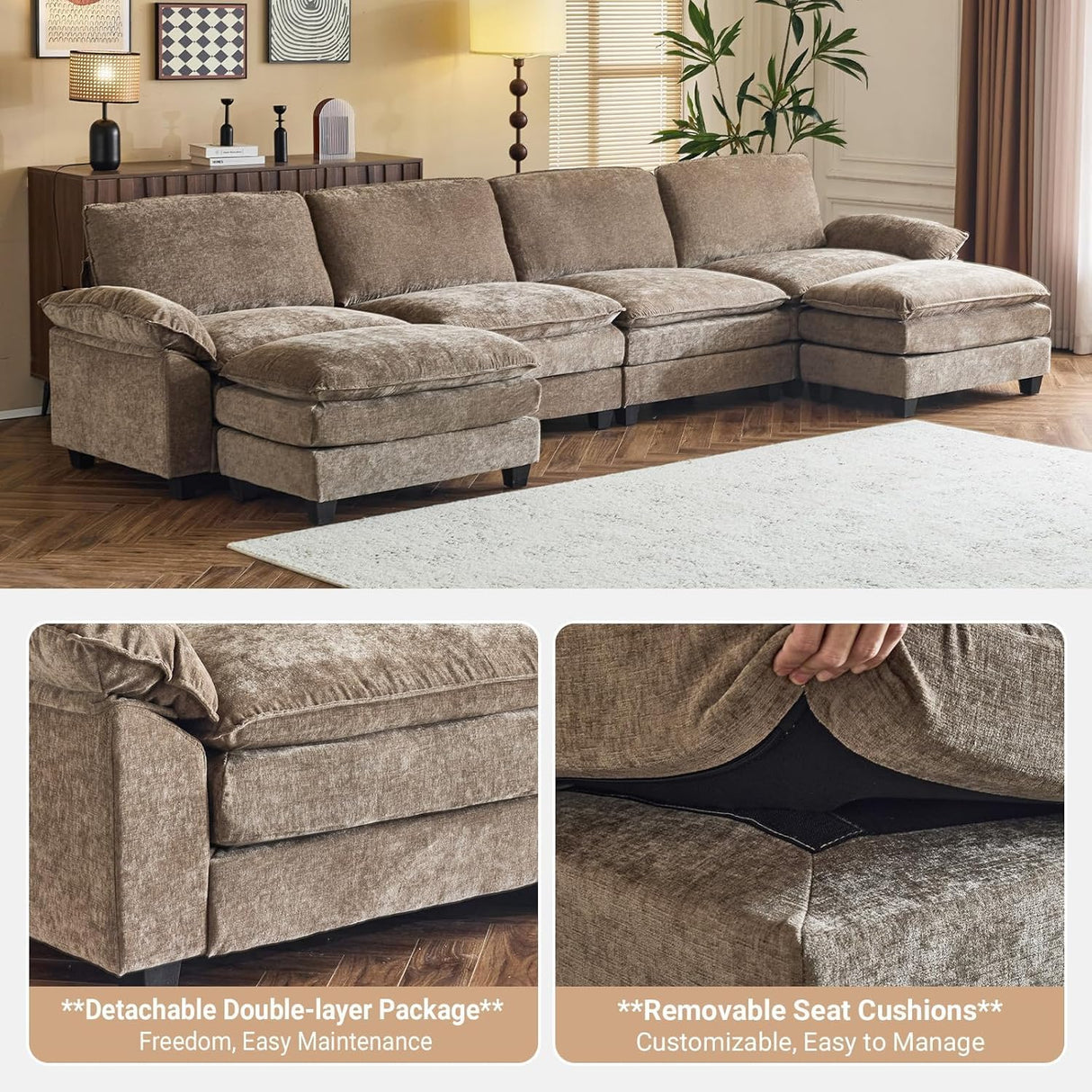 VINGLI 157" Convertible Modular Sectional Sofa with Deep Seat & 2 Movable 2-Layer Ottomans, U-Shape Cloud Sofa with Chaise, Oversized 4-Seater Armrest Couch for Living Room, Chenille, Light-Brown VINGLI