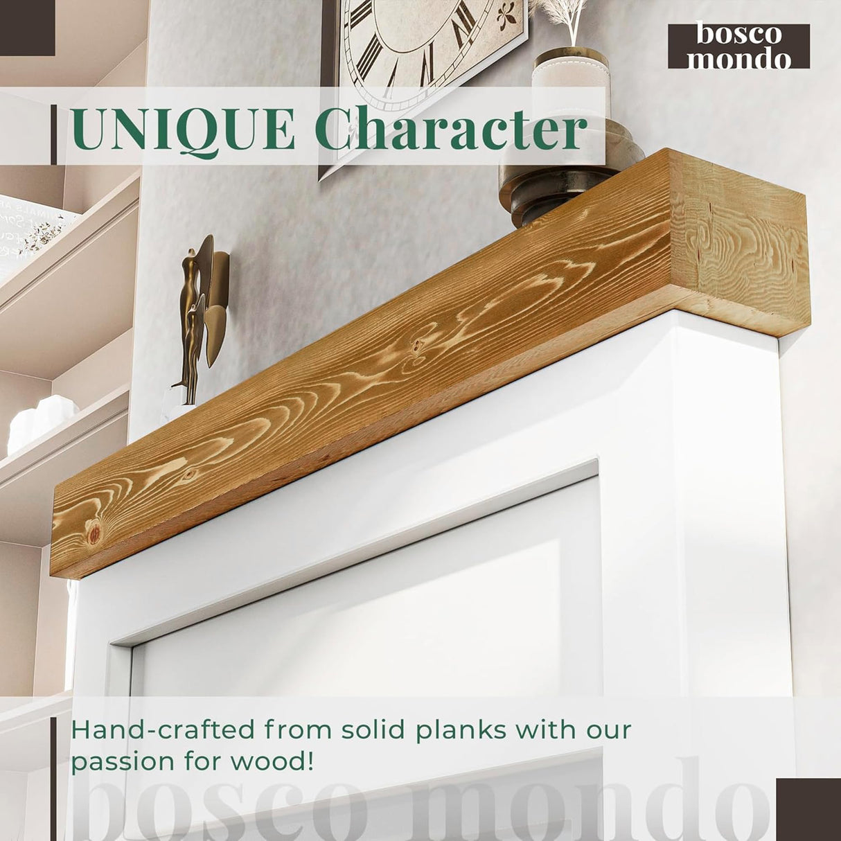 BoscoMondo Fireplace Mantel, Handcrafted Rustic from Solid Pine, Wall-Mounted Floating Farmhouse Shelf - 8x6x48 Oak BoscoMondo