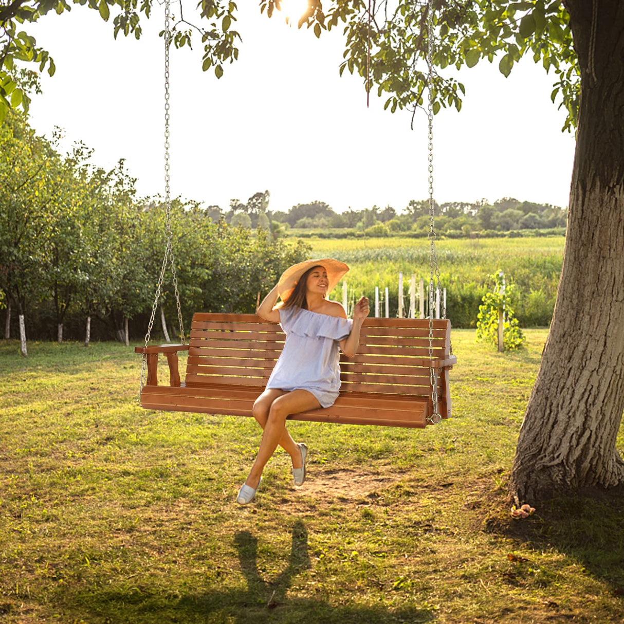 VINGLI Upgraded Patio Wooden Porch Swing for Courtyard & Garden, Heavy Duty 880 LBS Swing Chair Bench with Hanging Chains for Outdoors (Brown, 5 FT) VINGLI