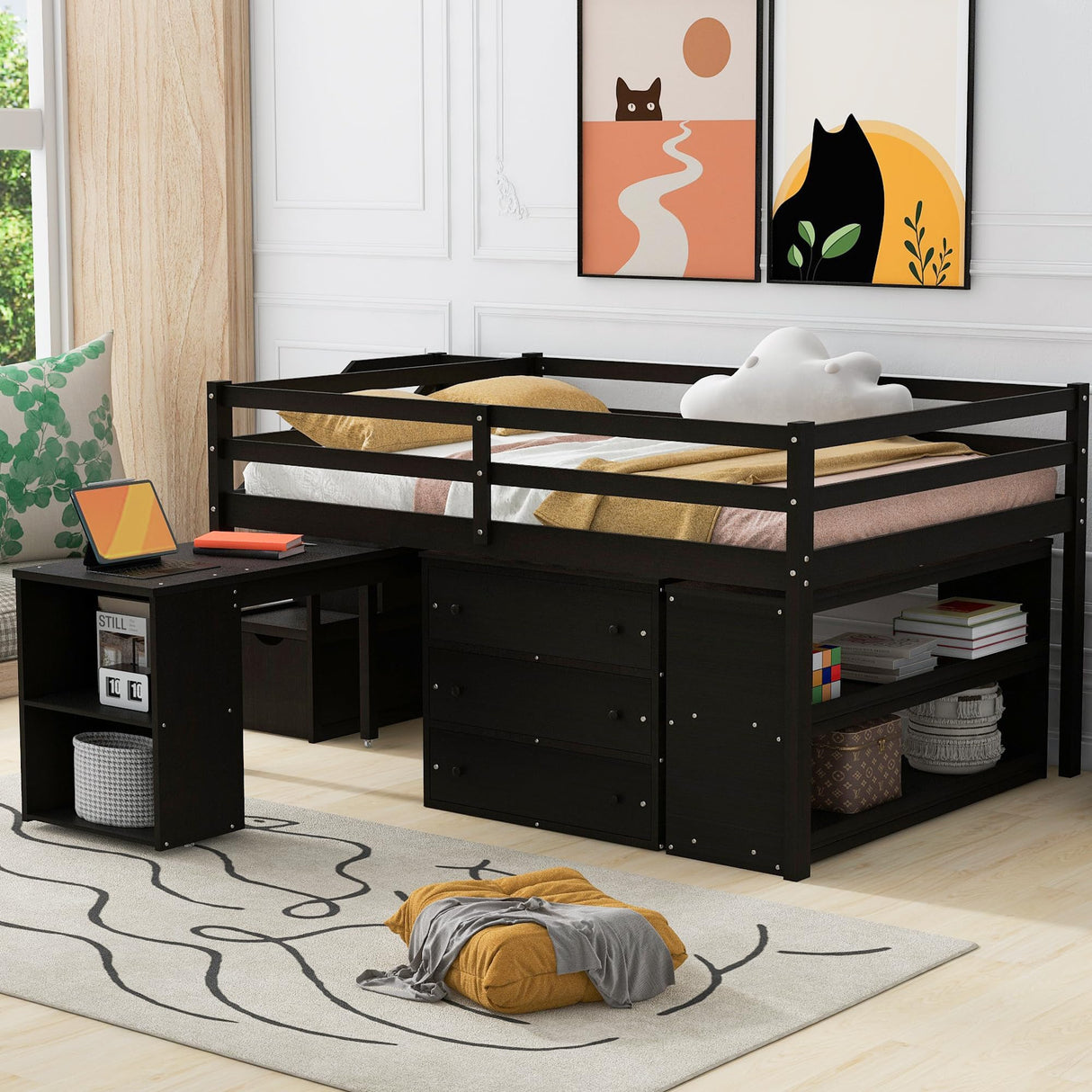 Full Size Low Loft Bed with Stairs and Rolling Desk, Wood Kids Full Loft Bed with Storage Drawers and Shelves, Low Full Storage Bed with Cabinet for Kids, Juniors, Teens (Espresso) Harper & Bright Designs