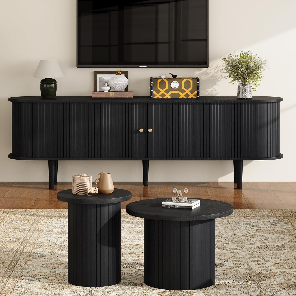 LUXOAK 70" Mid-Century Modern TV Stand with Tambour Door, TV Console with Solid Wood Legs for TVs up to 80", Fluted Entertainment Center with Storage for Living Room, Black LUXOAK