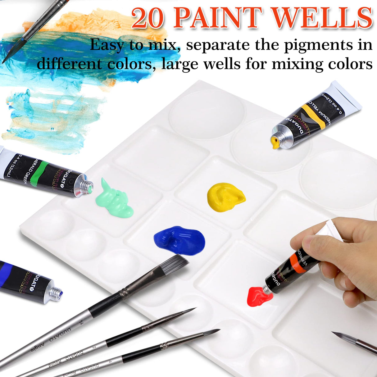 DUGATO Large Paint Palette Trays (2 Pack, 10x13) - 20-Well Plastic Mixing Palettes for Acrylic, Oil, Watercolor & Gouache Paints - Artist Supplies DUGATO
