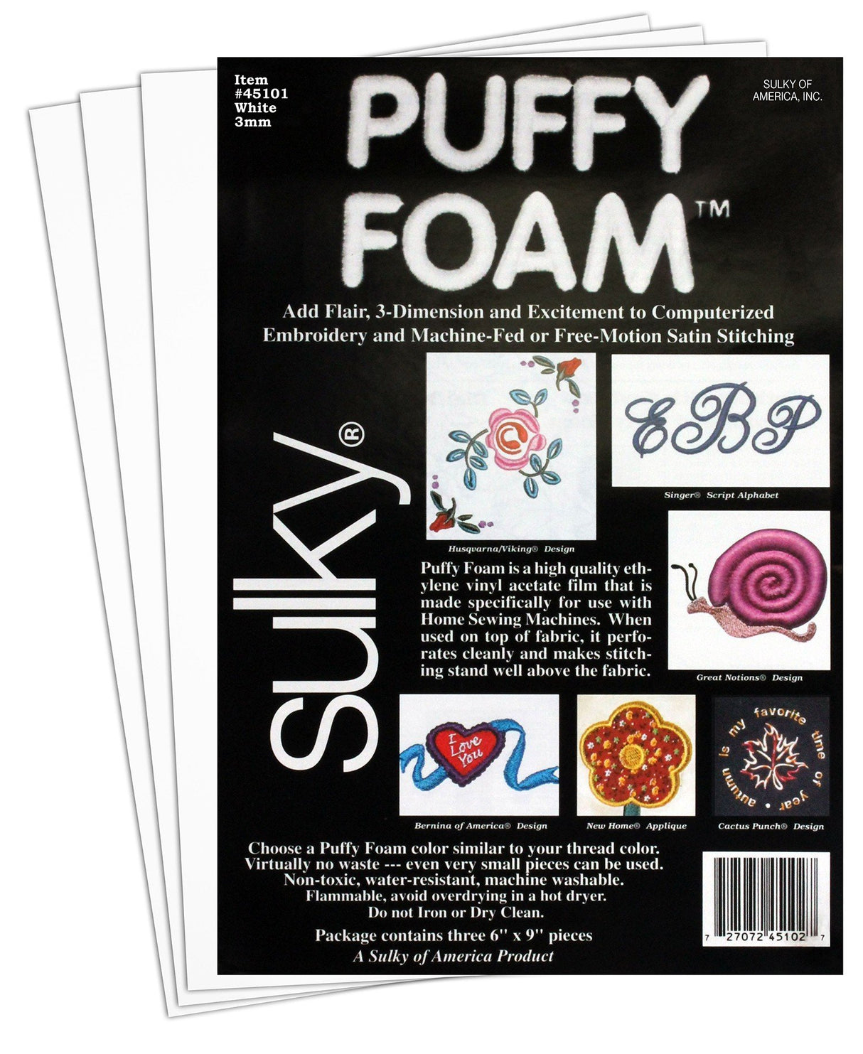 Sulky Of America 3mm Puffy Foam, 6" by 9", White Sulky