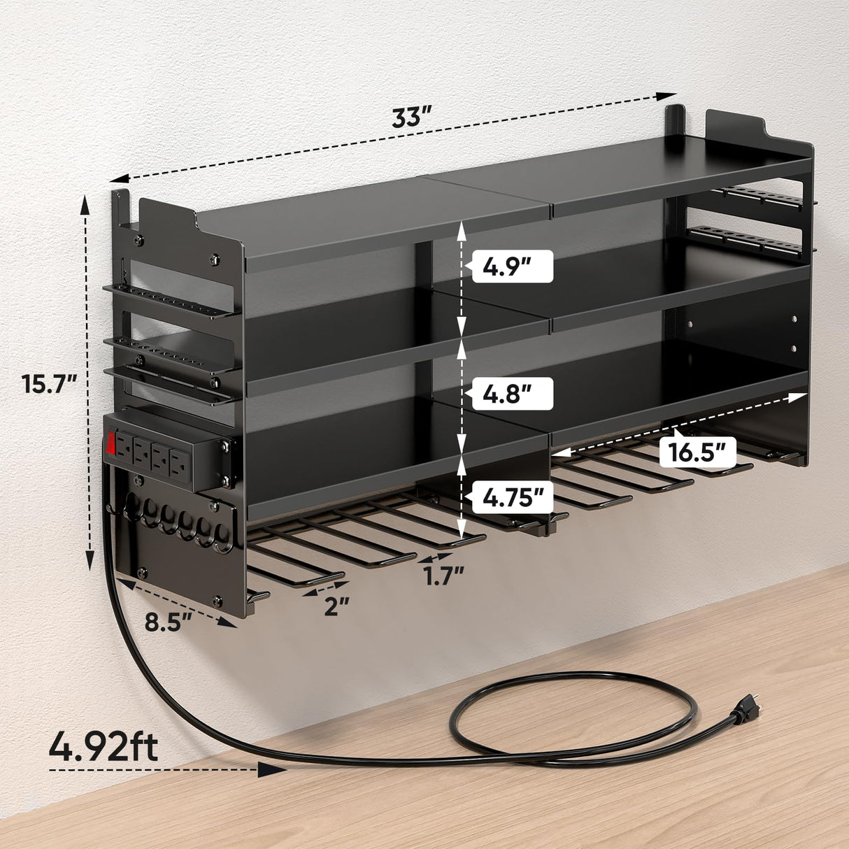 POKIPO Large Power Tool Organizer Wall Mount with Charging Station,4 Layer Heavy Duty Metal Tool Storage Rack Loads 600lbs with 8 Cordless Drill Holder,Battery Utility Rack Loads with 4 Power Strip POKIPO