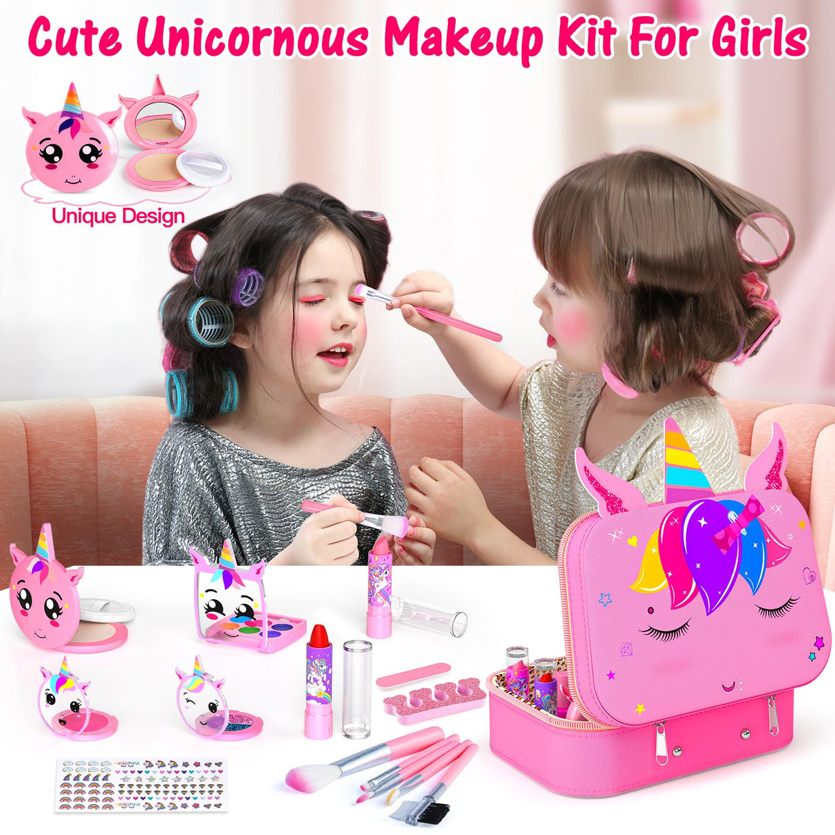 Kids Makeup Kit for Girl - 2 In 1 Kids Washable Makeup Toys & Nail Art Kits with Nail Dryer and Cosmetic Case, Princess Dress Up Set for Girls, Real Girls Makeup Set for Ideal Gifts Toys for 3-12 Year Mqsiuve