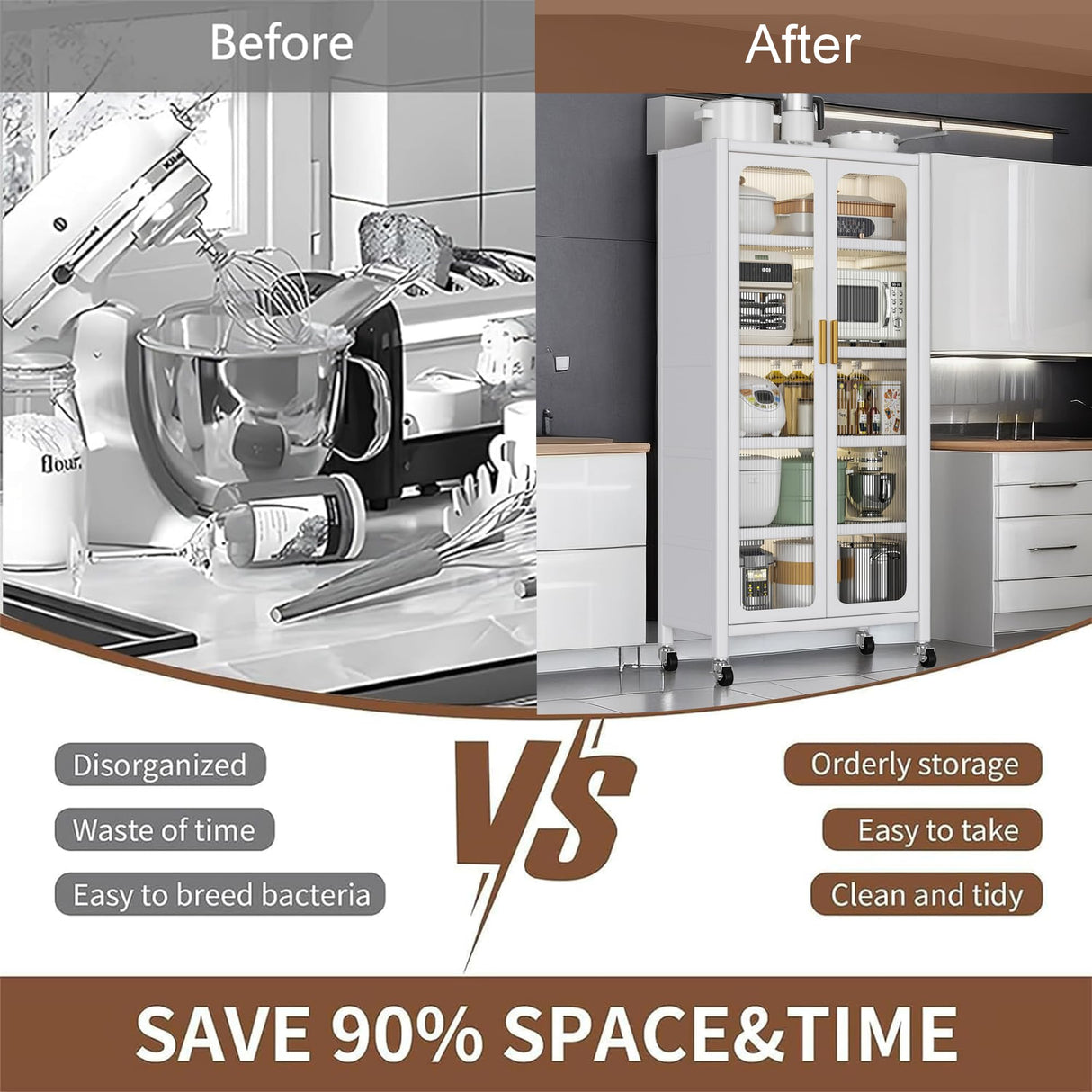 67.3" Kitchen Pantry Storage Cabinet,Display Storage Cabinet with Acrylic Glass Doors, Adjustable Shelves & Wheels,Metal Tall Food Pantries Cabinets,for Kitchen, Living Room and Dining Room, White Legendstone