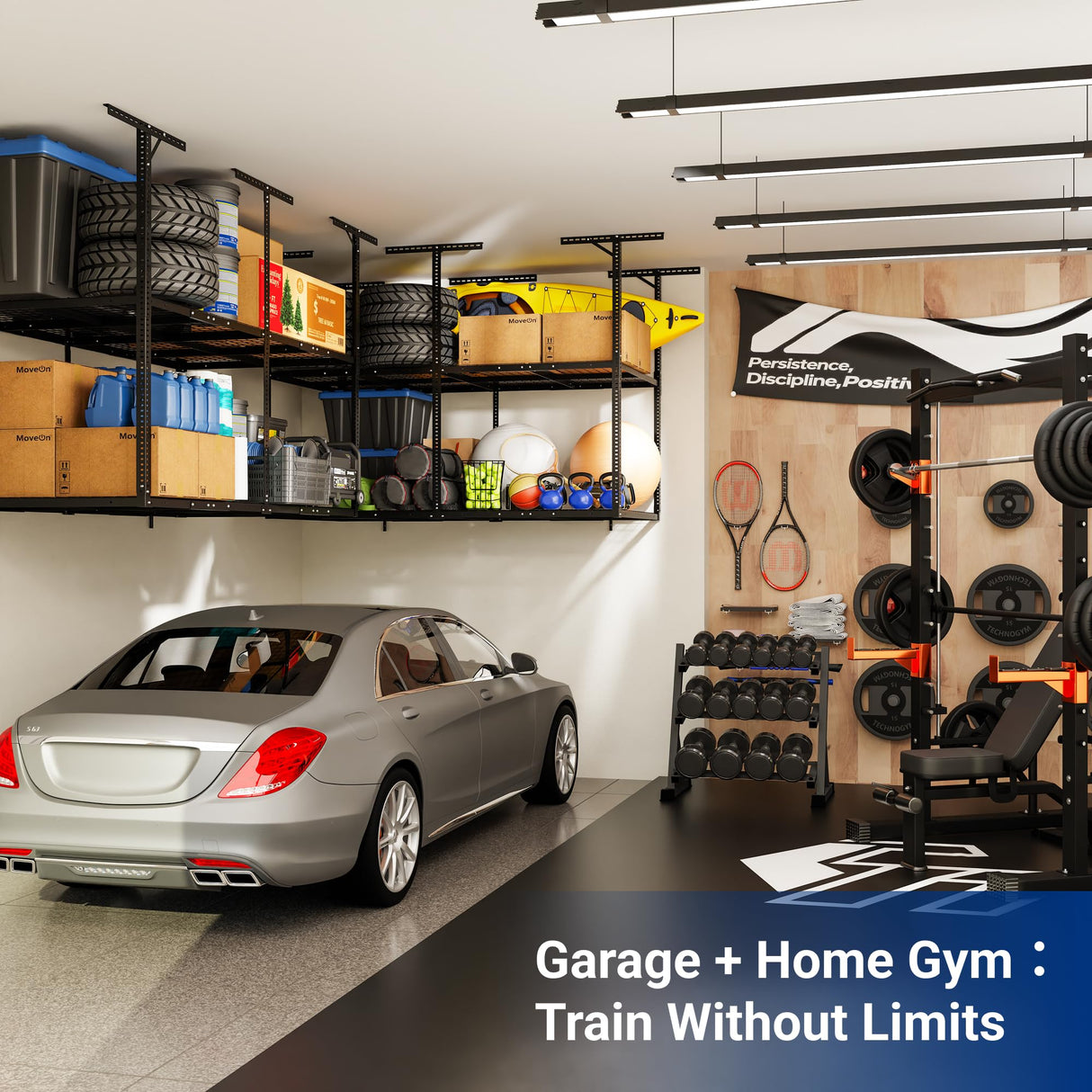 FLEXIMOUNTS 4x8 2-Tier Overhead Garage Storage Rack – Adjustable Heavy Duty Metal Garage Ceiling Storage Racks, 1000 lbs Capacity – Garages Organization System for 10–15 ft Tall Garages, Black FLEXIMOUNTS