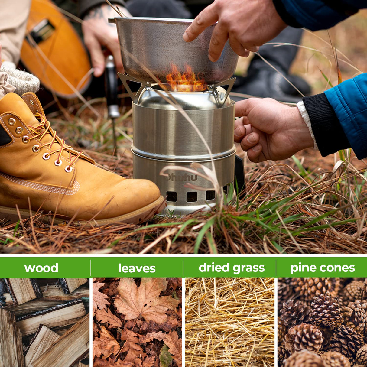 Camping Stove, Ohuhu Camp Stove Wood Burning Stove Stainless Steel Stoves Mini Portable Stove for Camping Picnic BBQ Backpacking Hiking Survival Emergency Cooking Outdoor with Grill Grid Carry Bag Ohuhu