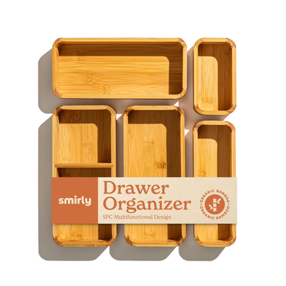 SMIRLY 5-Piece Bamboo Kitchen Drawer Organizer Set for Large and Small Utensils, Multi-use Storage Box - Bathroom, Nightstand, Jewelry, Cutlery, Knife, Spice, Towel, Junk Drawer Tray SMIRLY