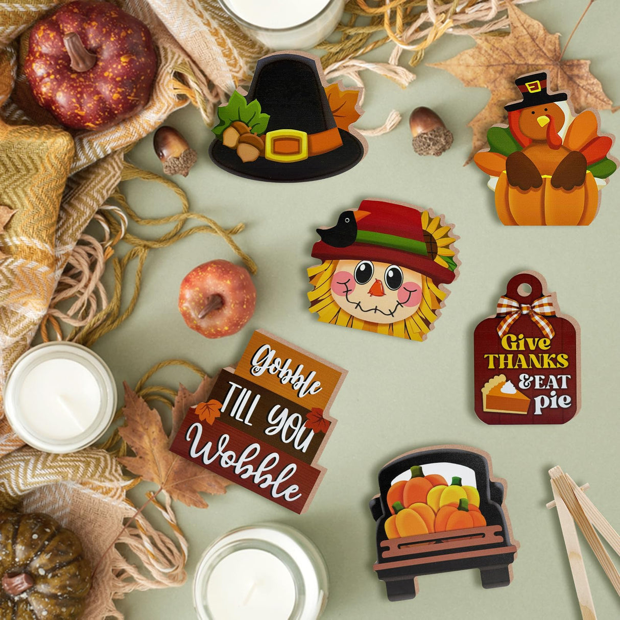 Guoofu 7 Pcs Thanksgiving Tiered Tray Decor, Fall Turkey Pumpkin Truck Scarecrow Farmhouse Wood Decorations Set, Autumn Harvest Give Thanks Rustic Wooden Decorative Signs for Home Table Shelf Guoofu