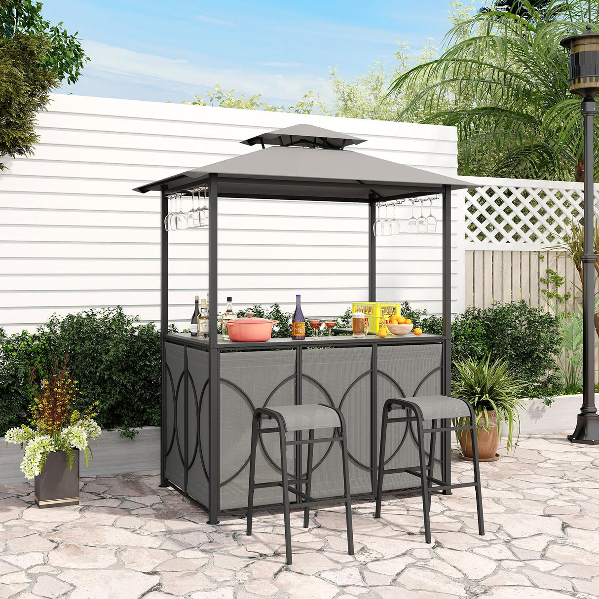 Tangkula 3-Piece Patio Bar Set, Grill Gazebo & 2 Bar Stools with Tempered Glass Bar Table, Metal Storage Shelves, Glass Holders, Double-Tier Soft Top Canopy BBQ Gazebo Shelter for Patio Garden (Grey) Tangkula