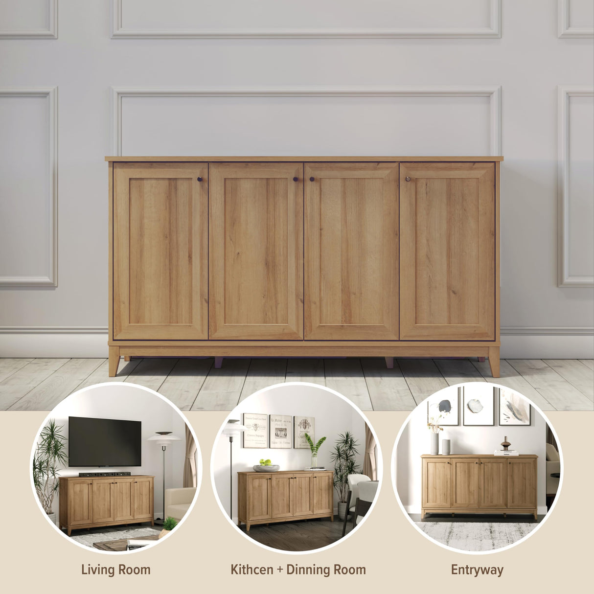 Prepac Yaletown 4 Panel Door Console Table with Storage, Oak Storage Cabinet with Doors and Shelves, Sideboard Storage Cabinet 60" W x 32" H x 16" D, OCBG-2220-1 Prepac