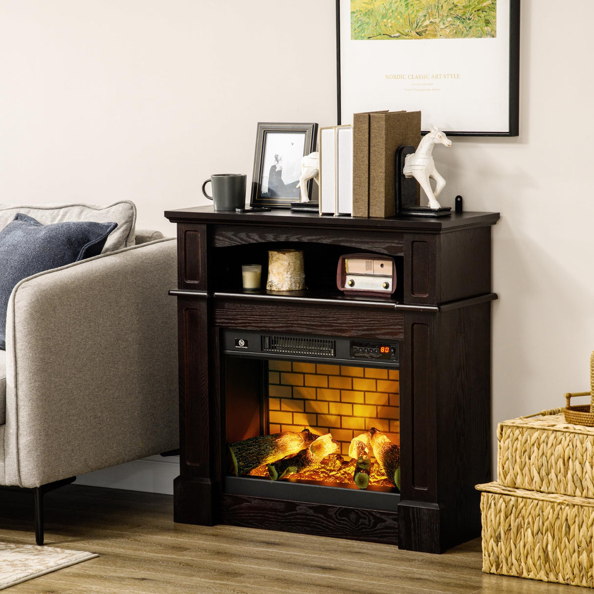 HOMCOM 31.75" W x 31" H Electric Fireplace Mantel TV Stand, Media Console Center Cabinet with a Shelf, Dark Coffee HOMCOM