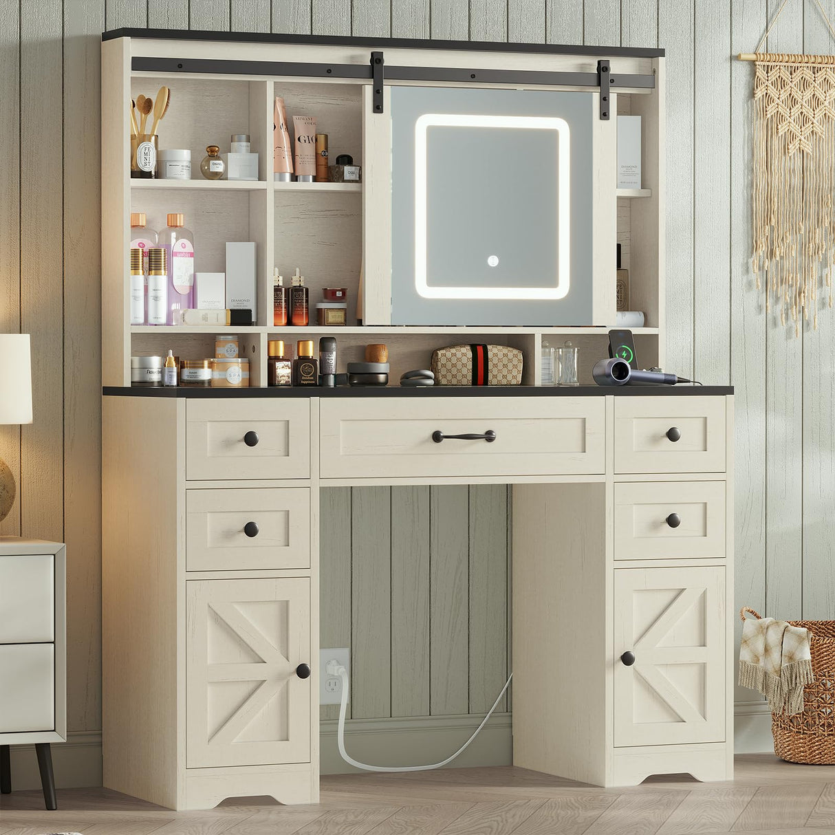 HAUOMS Farmhouse Makeup Vanity Desk with Sliding Lighted Mirror, Glass Top Vanity Desk with Power Outlet, Rustic Vanity Set, Antique White HAUOMS