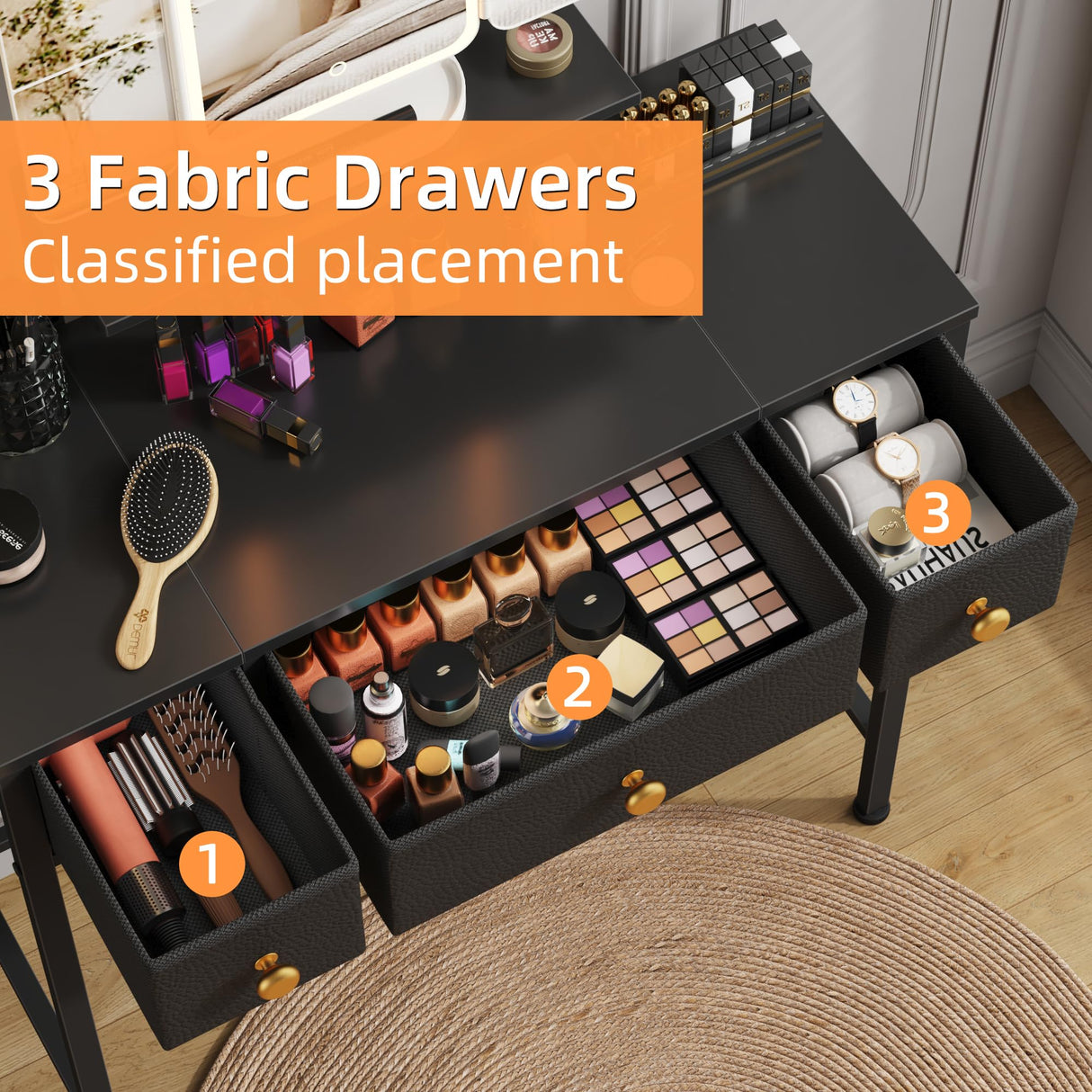 HIGDBFE Small Makeup Vanity Desk 27.5''W with Mirror and Lights, Vanity Desk with 3 Fabric Drawers and Height-Adjustable Stand, Vanity Table for Girls Gifts, Bedroom and Small Spaces, Black HIGDBFE