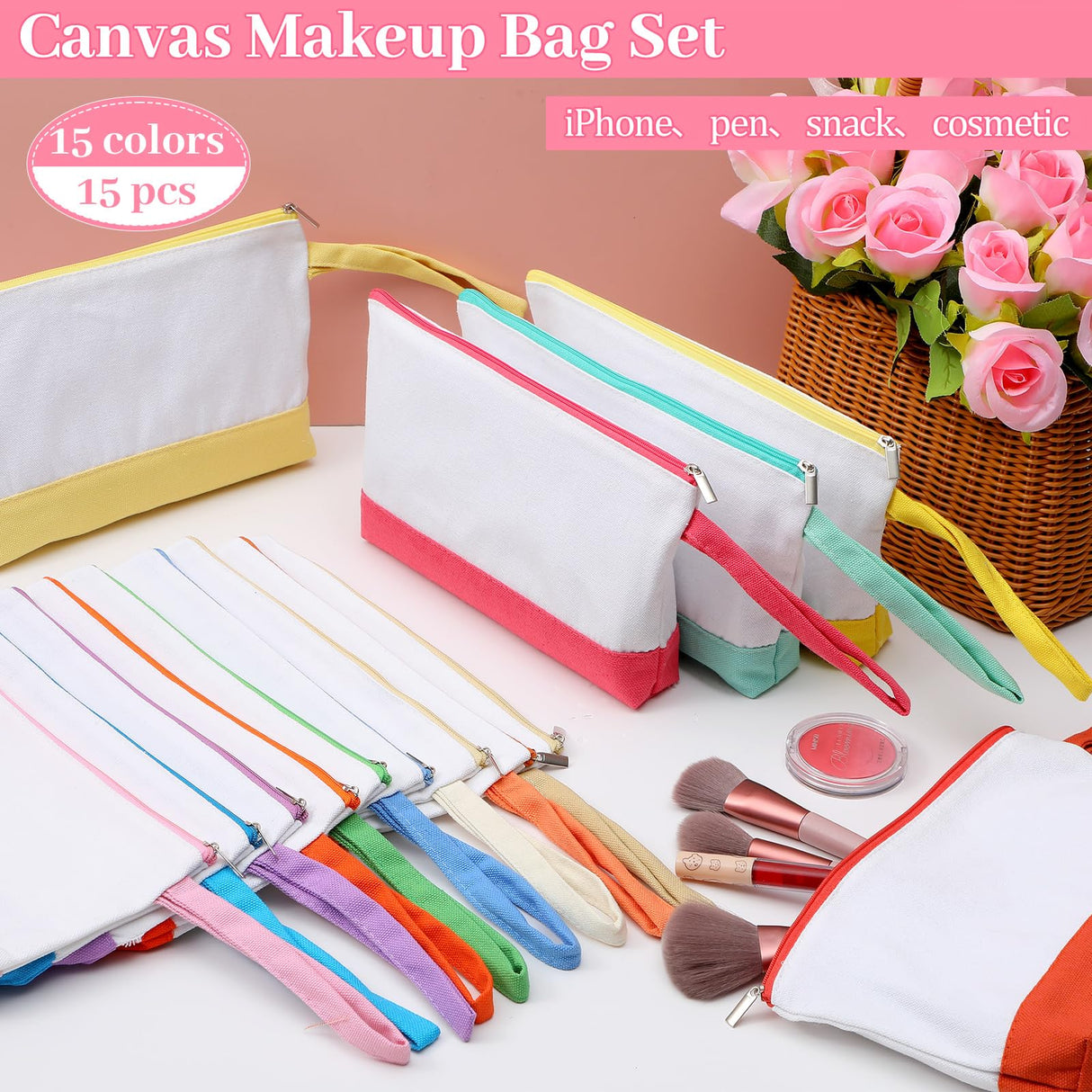Silkfly 15 Pcs Cotton Canvas Makeup Bags Canvas Cosmetic Bag 10.2 x 5.5 x 2 Inches Two Tone Makeup Bags Bulk with Zipper Blank DIY Pouch with Bottom Travel Toiletry Pouch for Women (Cute) Silkfly
