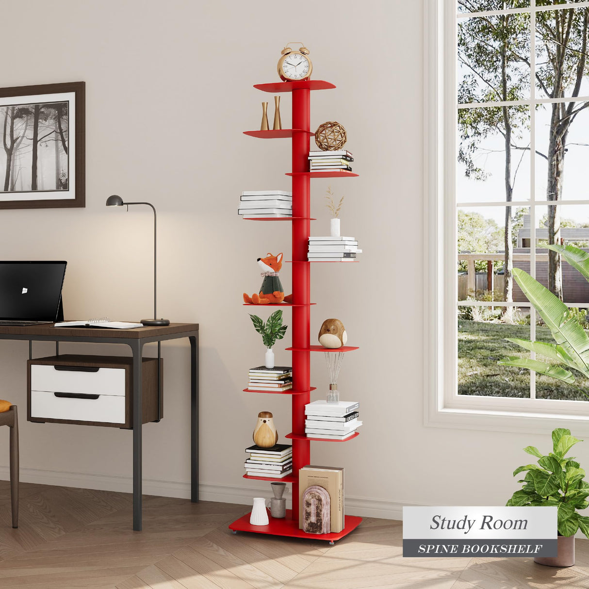 Suchtale Spine Bookshelf, Vertical Spine Book Tower, 11-Tier Metal Bookcase, Book Organizers Display Storage Rack for Study & Living Room, DIY Book Shelf for Decor, Red Suchtale
