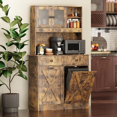 Redlife Double Tilt Out Trash Cabinet with Storage, 20 Gallon Double Tilt Out Laundry Hamper Cabinet, 67" Dual Hidden Garbage Cabinet Two Drawers, Kitchen Cabinet with Trash Can Storage (Rustic Brown)