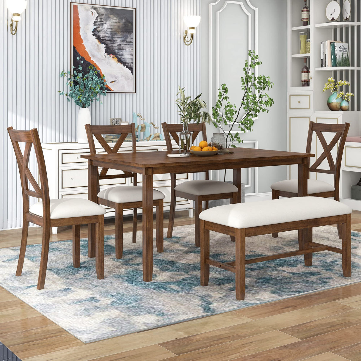 Harper & Bright Designs 6 Pieces Dining Table Set, Wooden Rectangle Table and 4 Chairs with Bench with Cushion, Kitchen Table Chairs Set for 6 Persons, Dining Room Set - Natural Cherry Harper & Bright Designs