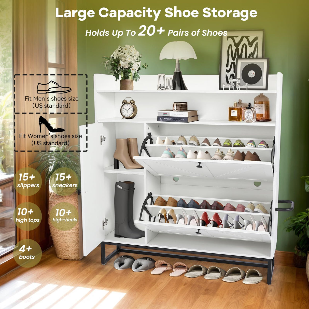 TIMSATIO Shoe Storage Cabinet with 2 Flip Drawers for Entryway, 4-Tiers Slim Freestanding Shoes Boots Rack Cabinet Organizer, Narrow Farmhouse Hidden Shoe Cabinet for Foyer (White) TIMSATIO