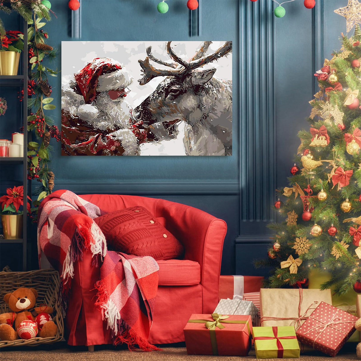 AREOPNMG Christmas Santa Claus Paint by Numbers Kit for Adults Beginner DIY Winter Elk Painting by Numbers Kits,with 3 Brushes and Acrylic Paint(Without Frame), Home Wall Decor 12 x 16 in AREOPNMG