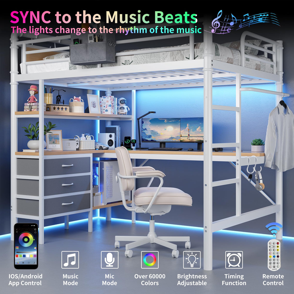 Jocoevol Full Size Loft Bed with L-Shaped Desk, LED Lights,Charging Station, Industrial Heavy Duty Metal Loft Bed Frame with 3 Storage Shelves and 3 Fabric Drawers, Safety Guard & Ladder, White Jocoevol