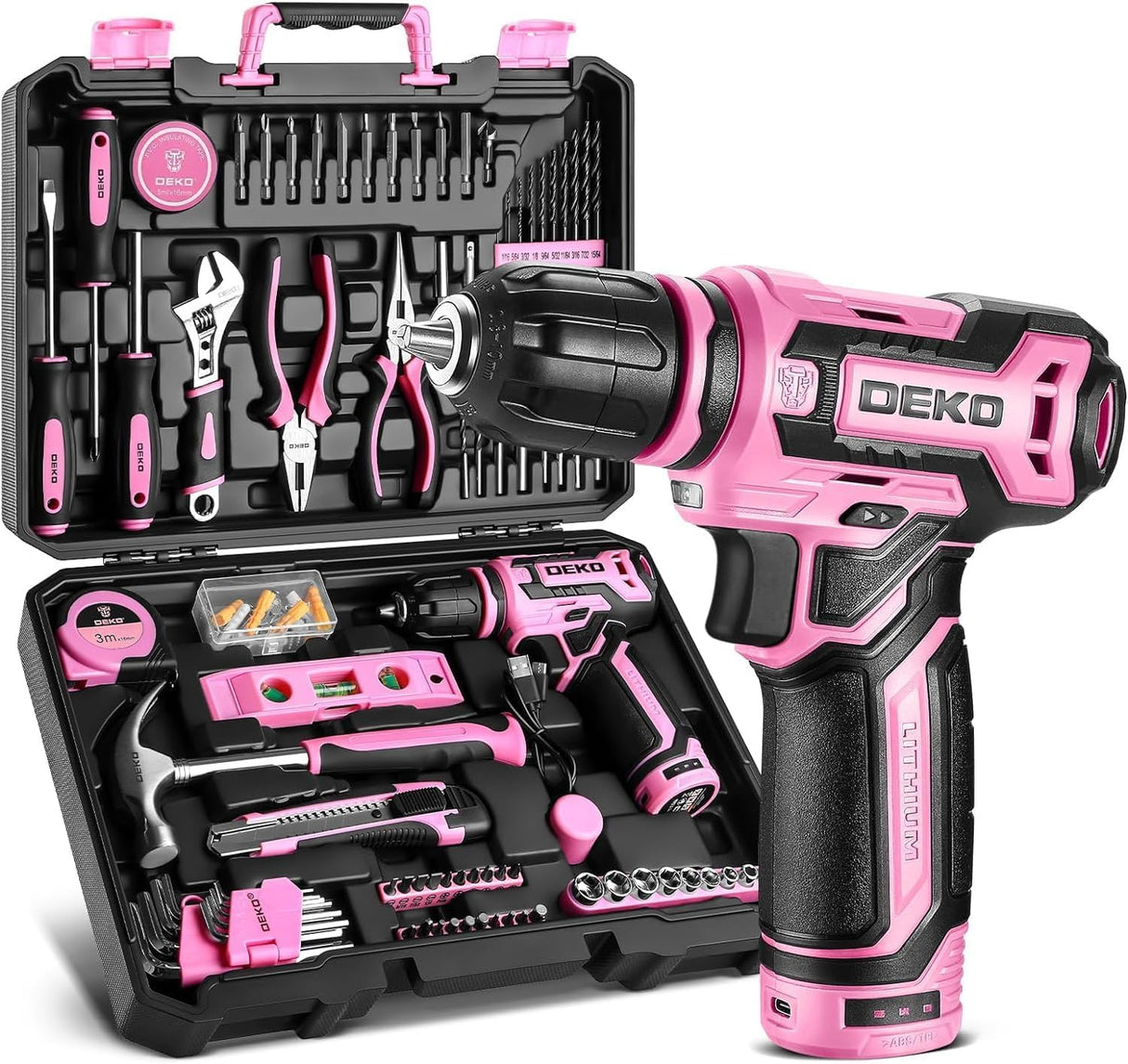 Pink Drill Tool Set Kit: Power Cordless Drill Tool Box with 12V Battery Electric Pink Drill Driver Set for Women Home Hand Repair Tools Sets Drills Case DEKOPRO