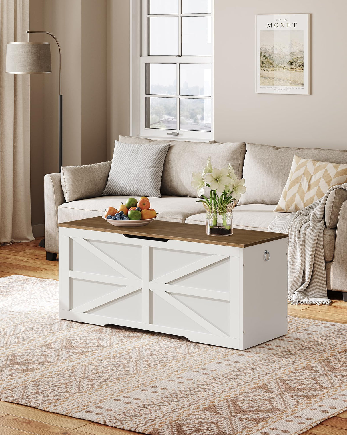 CHOEZON Storage Chest, 43.3" Wooden Storage Trunk, Modern Storage Bench with Safety Hinge, Toy Chest Storage, Farmhouse Style, for Bedroom, Living Room, Walnut and White MCW11WL CHOEZON