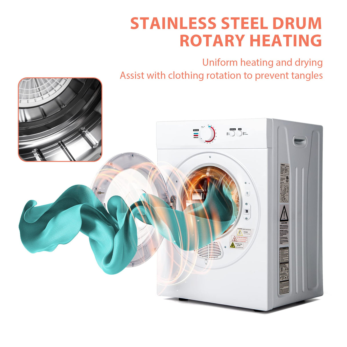 Euhomy Compact Dryer 1.8 cu. ft. Portable Clothes Dryers with Exhaust Duct with Stainless Steel Liner Four Function Small Dryer Machine, Suitable for Apartments, Dorm, RVs, White EUHOMY