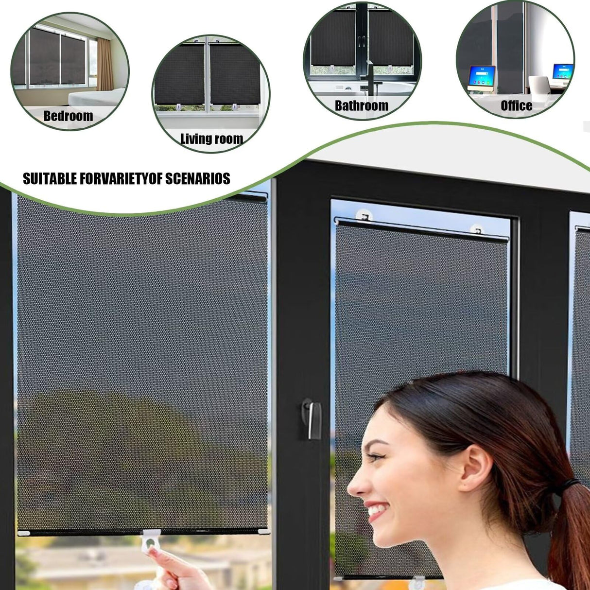 No Drilling Retractable Roller Window Shades W/3 Suction Cups, Blackout Blind Shade Temporary Cover Curtain for Home Bedroom Car(Black,27 * 49in) WoodArtSupply