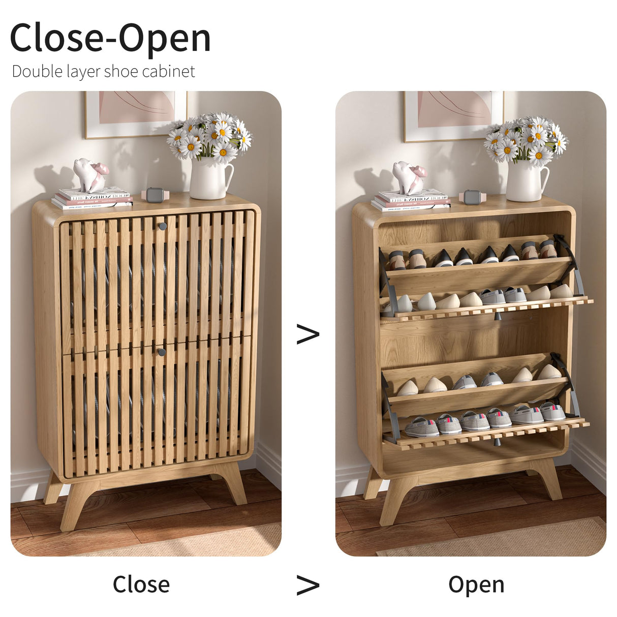 Jluomei Narrow Shoe Cabinet Storage for Entryway Slim, Wood Fluted Entry Way Shoe Organizer, Modern Rack Cabinet with 2 Flip Drawers, Wooden, Farmhouse, Small, Freestanding, Oak, Natural Jluomei