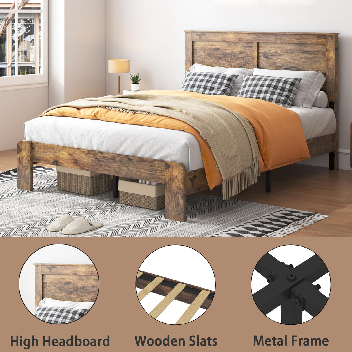 GJQN Queen Size Bed Frame with Headboard, Rustic Wood Platform Bed Frame with 12 Wooden Slats Support, No Box Spring Needed, Noise Free (Dark Brown, Queen) GJQN