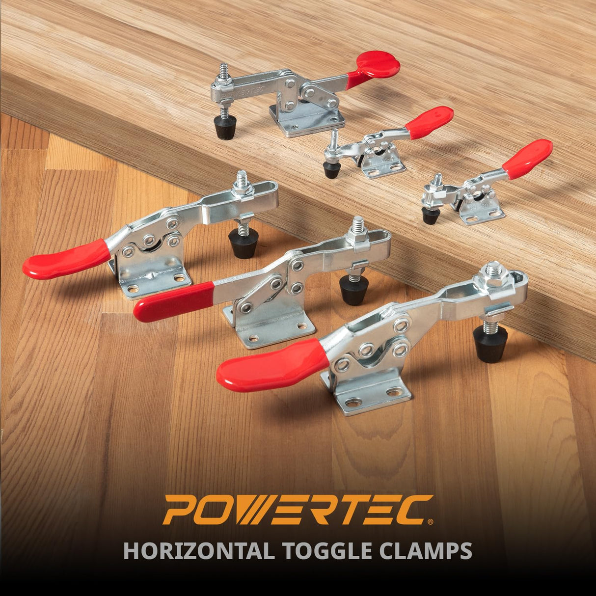 POWERTEC 4PK Toggle Clamp, 500 lbs Holding Capacity, 225D Quick Release Horizontal Clamps w/ Antislip Rubber Pressure Tip for Woodworking Jigs and Fixtures, Welding, Drill Press, Crosscut Sled (20326) POWERTEC