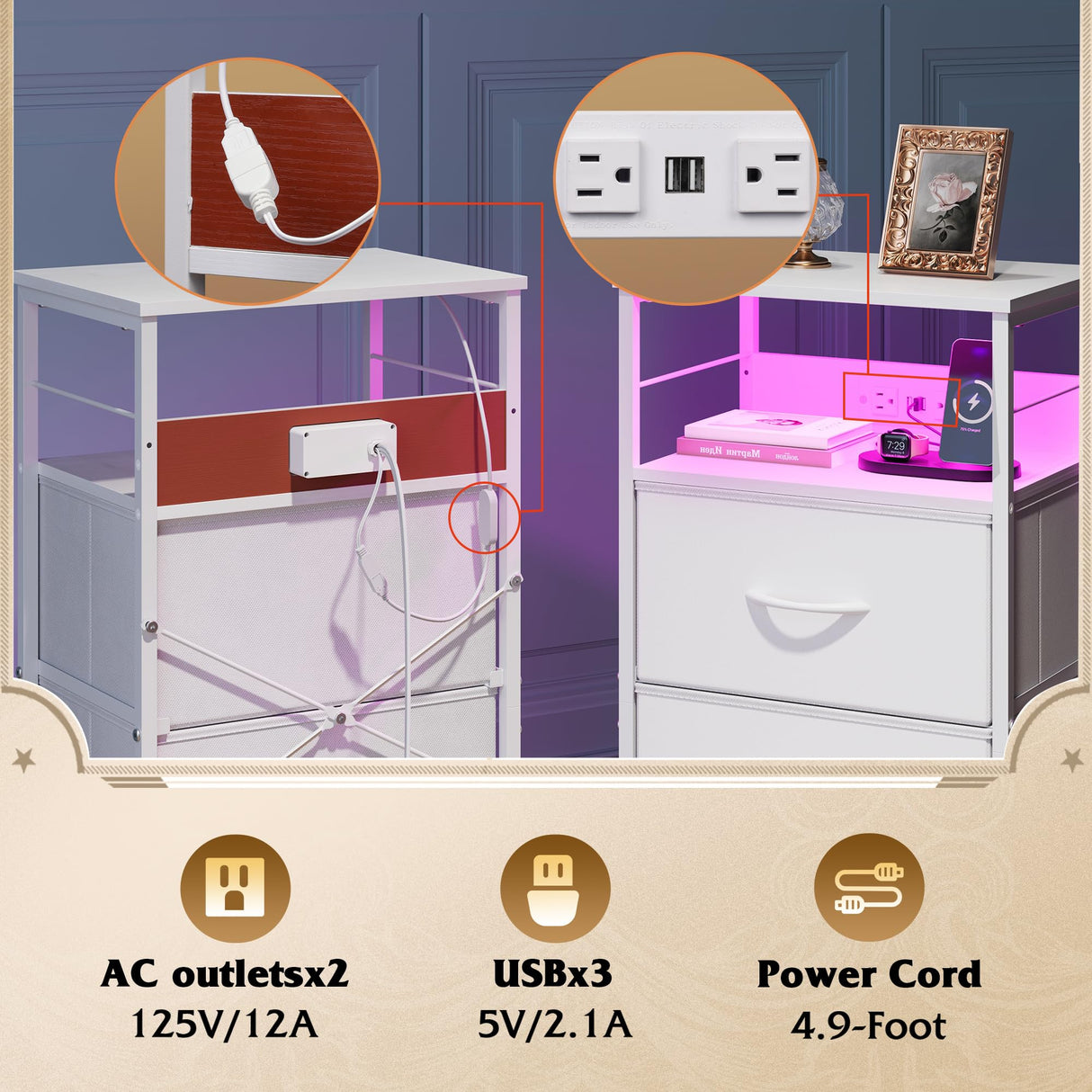 WLIVE Night Stand Set of 2 with Charging Station, LED Nightstand Sets with 3 Fabric Drawers, Tall Bedside Table with 3 USB Ports and 2 Outlets, Dresser for Small Space, 31.93" H Side Table for Bedroom WLIVE