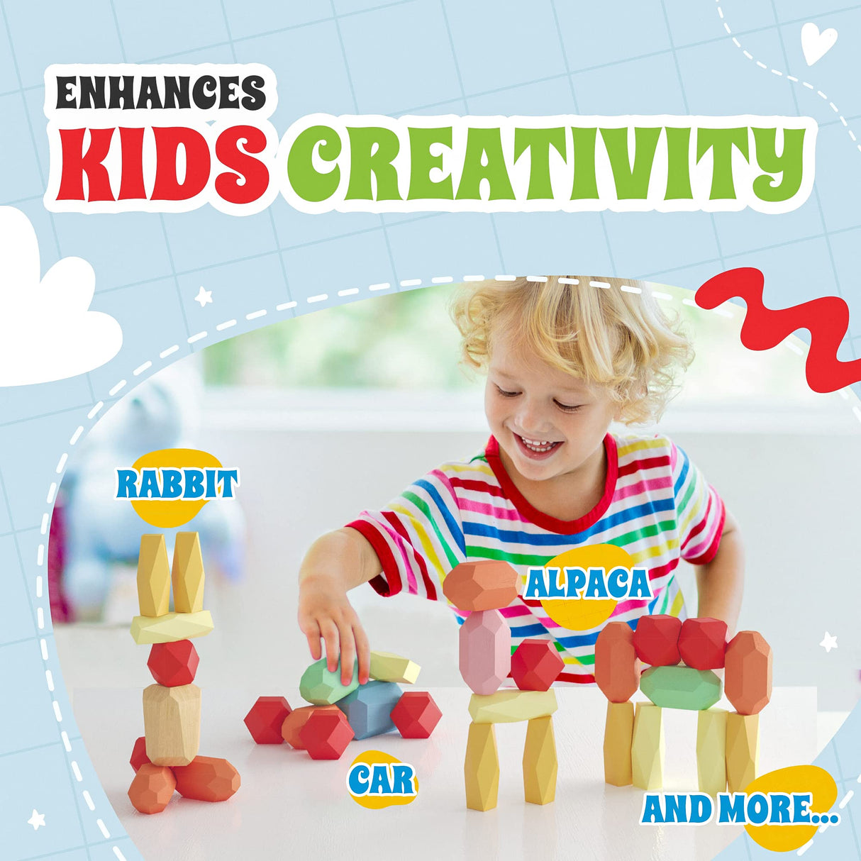 EVERSMART 36 Pcs Wooden Stacking Blocks – Montessori Toys for 1 2 3 4 5 6 Year Old Toddlers and Kids, XL Rocks, No Choking Hazard – Sensory STEM Building Stones, Girl or Boy Birthday Gifts EVERSMART