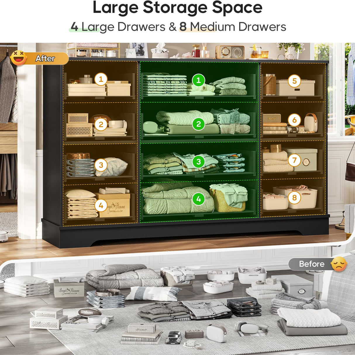 Hasuit Large Dresser with 12 Drawers for Bedroom, 61.4'' Long Modern Chest of Drawers, Black Wide Dressers Clothes Closet, Wooden Bedroom Funiture Storage Organizer Hasuit