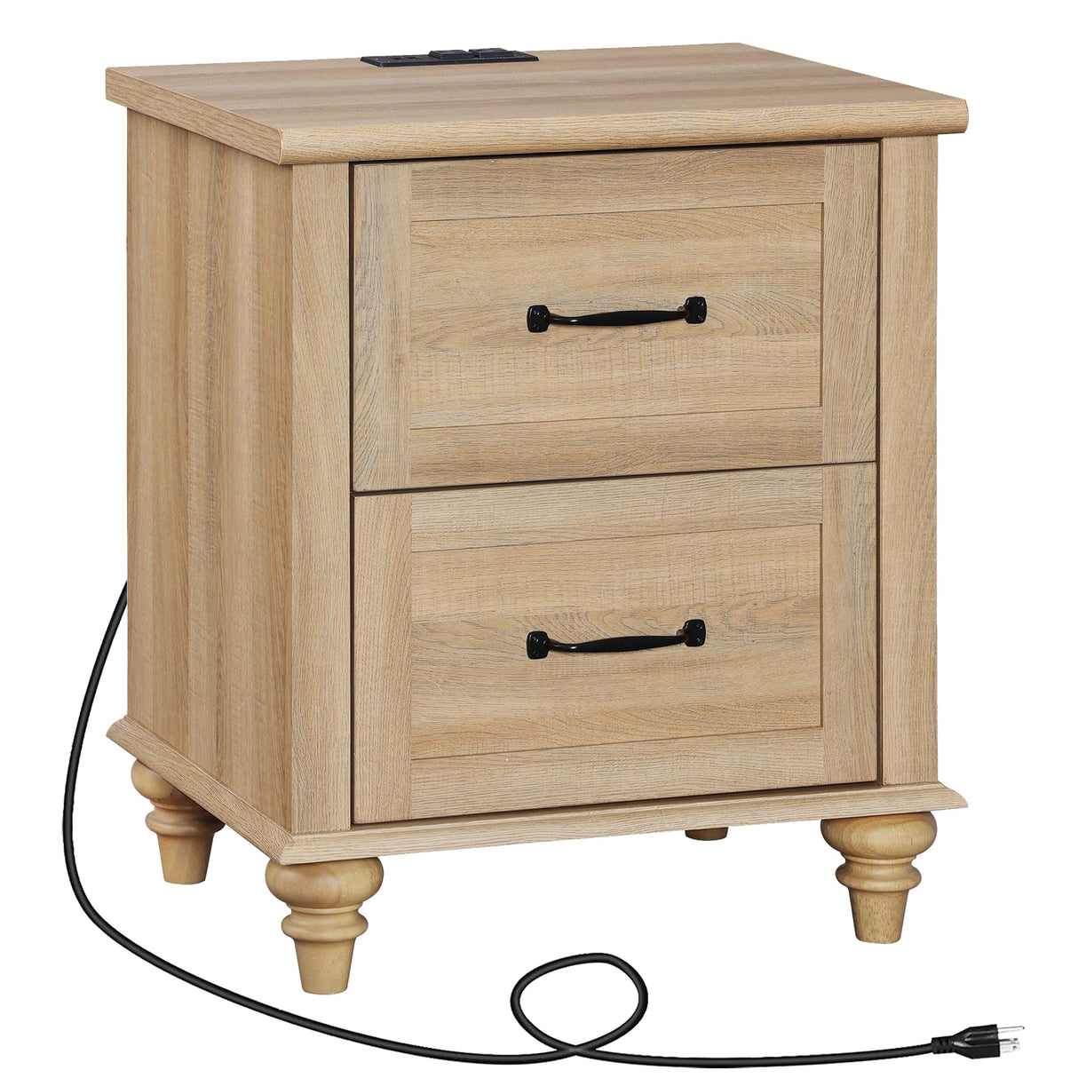WAMPAT End Table Nightstand with Charging Station, Farmhouse Side Table for Living Room with 2 Drawers, Natural Wood Night Stand Bedside Table for Bedroom, Oak WAMPAT