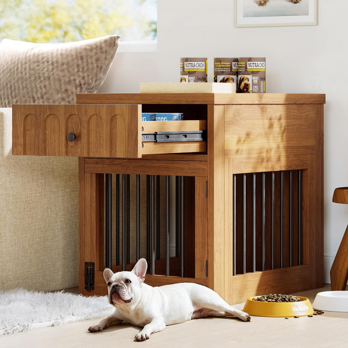 LIKEMET Dog Crate Furniture for Small Dogs, Wooden Dog Kennel with Drawer, Indoor Pet Crate End Table with 1.18-inch Tabletop, Decorative Pet Cage Dog House, Walnut LIKEMET