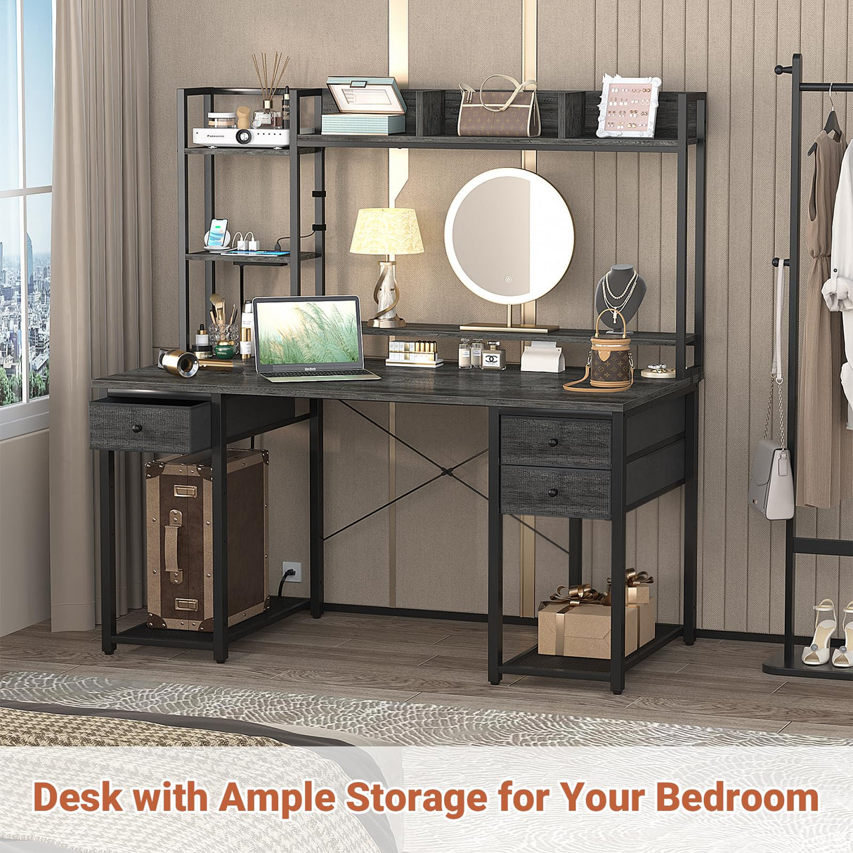 Aheaplus 47.2'' Black Oak Gaming Desk with LED Lights, Hutch, and Power Outlets Aheaplus