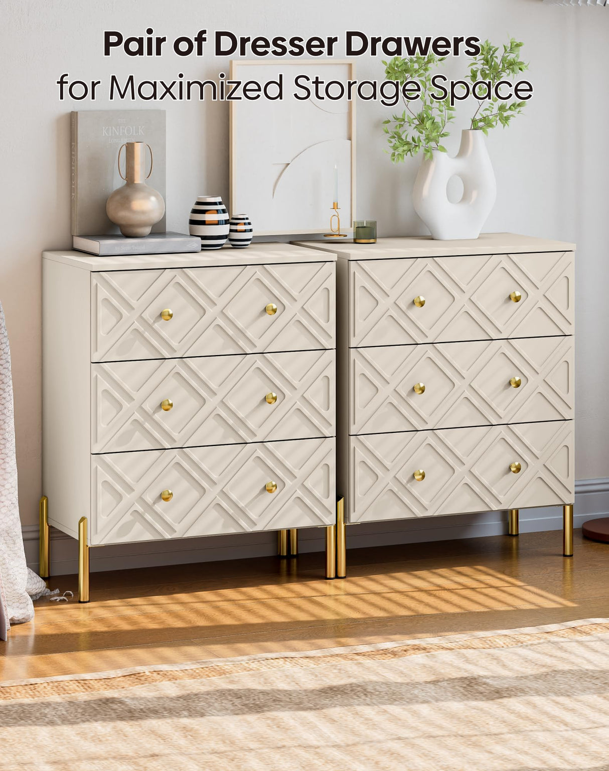 TRINEAR 3 Drawer Dresser, Wood Drawers for Bedroom with Metal Legs, Modern Dressers with Wide Storage, 30 inch Large Nightstand with Diamond Design for Living Room, Hallway, Entryway, Cream TRINEAR