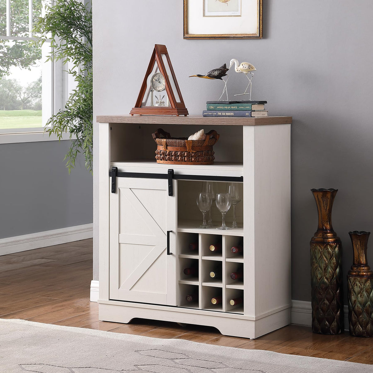 Kebuz House Farmhouse Wine Cabinet with Sliding Barn Door & Open Shelf, Liquor Cabinet with Rack for Inside Cabine,Buffet Table for Dining Room, Kitchen,Off White Kebuz House