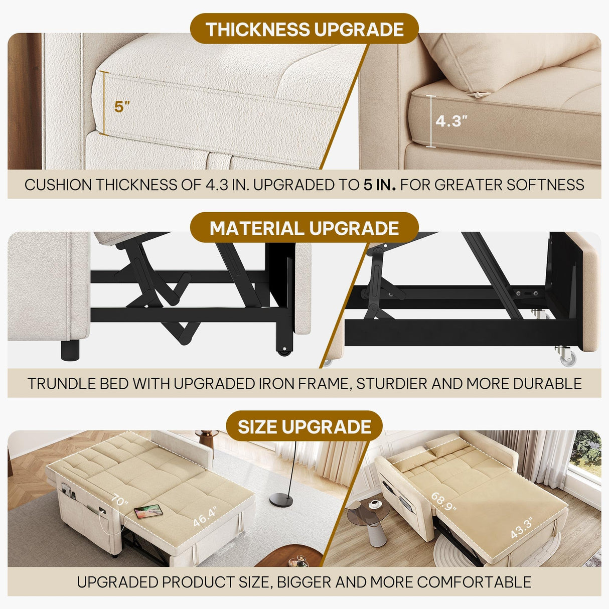 DWVO 55" Convertible Sofa Bed, 3-in-1 Sleeper Sofa with Pull-Out Couch, Velvet Futon Couch with Adjustable Backrest and USB, Modern Loveseat for Living Room Apartment, Light Beige DWVO