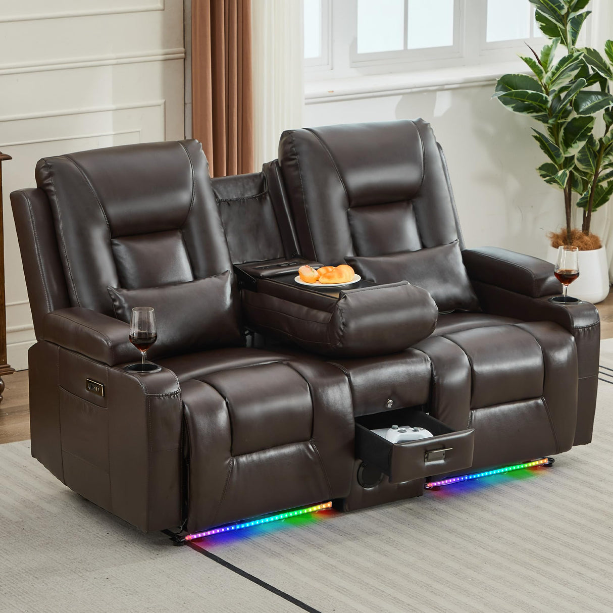 URRED Wall Hugger Loveseat Recliner Sofa with Flip Console, Power Reclining Loveseat RV Couch with LED Lights, Bluetooth, USB Ports, Outlets, Cup Holders, Side Pockets, Faux Leather, Dark Brown URRED