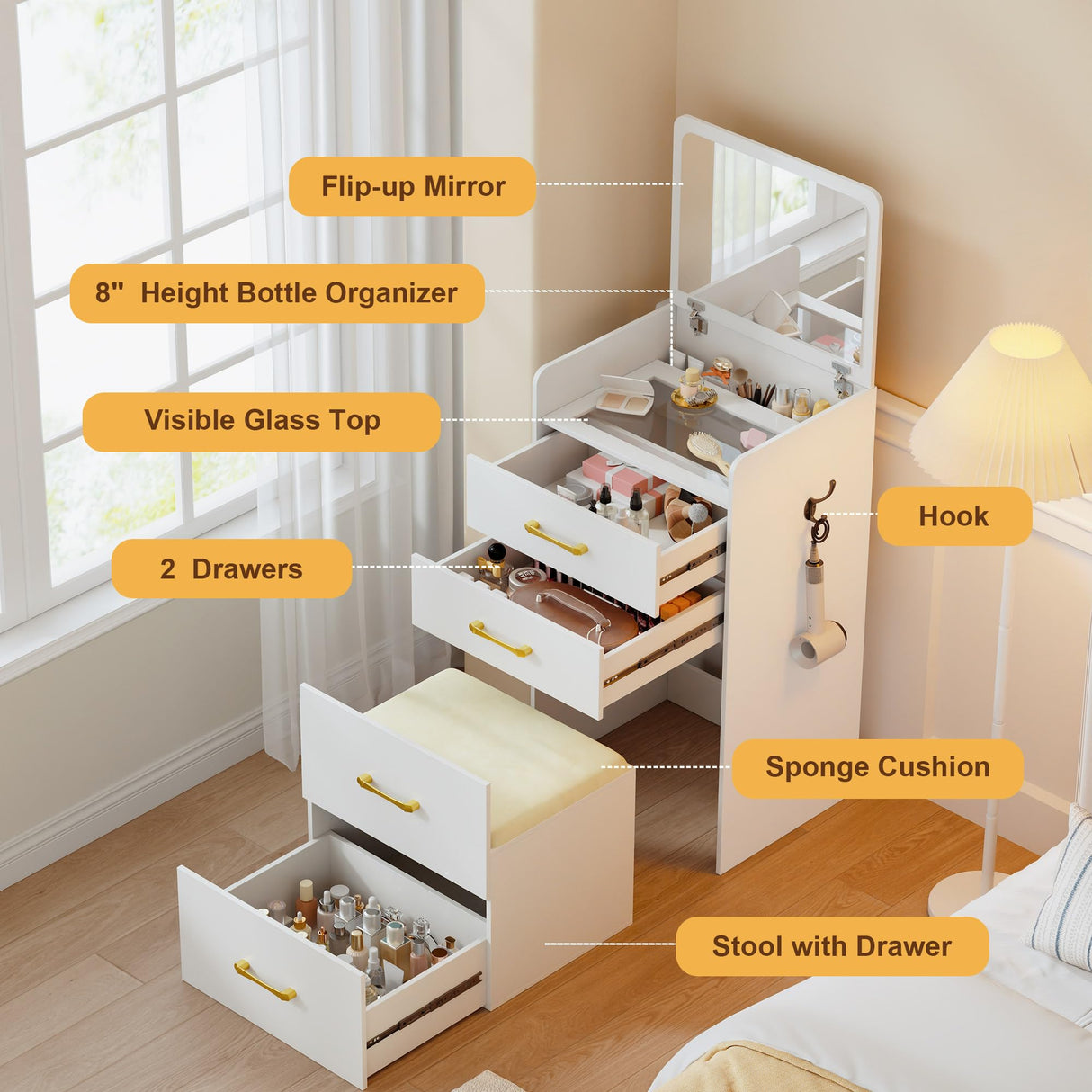 Lvifur 3-in-1 Vanity Desk with Flip Top Mirror, Makeup Vanity Table with Cushioned Stool for Small Space, Compact Dressing Table, Vanity Set for Bedroom Lvifur