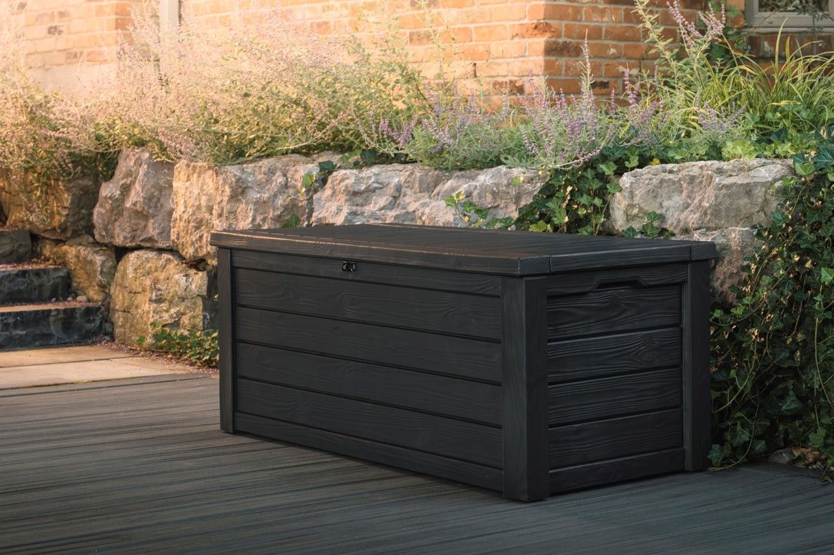 Keter Westwood 150 Gallon Resin Large Outdoor Storage Box for Patio Furniture, Outdoor Cushions, Garden Tools and Pool Floats, Dark Grey Keter
