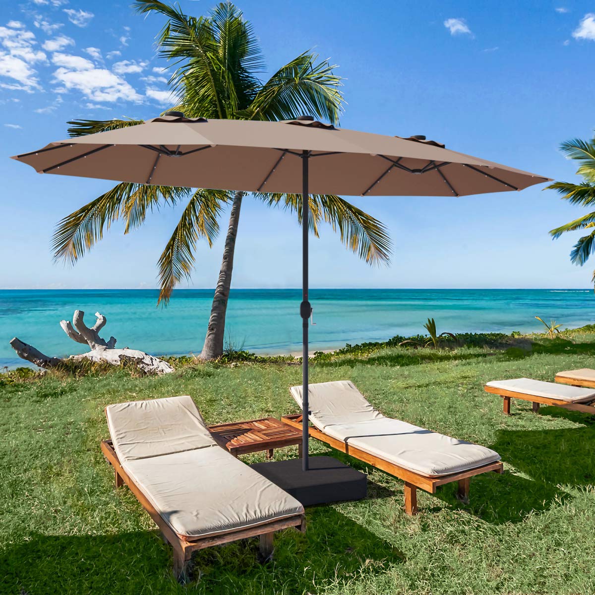 Tangkula 15 Ft Solar LED Patio Double-Sided Umbrella with Base, Outdoor Twin Umbrella, Extra Large Umbrella w/ 36 Solar Powered Lights & Crank System for Garden, Deck, Poolside, Patio (Tan) Tangkula