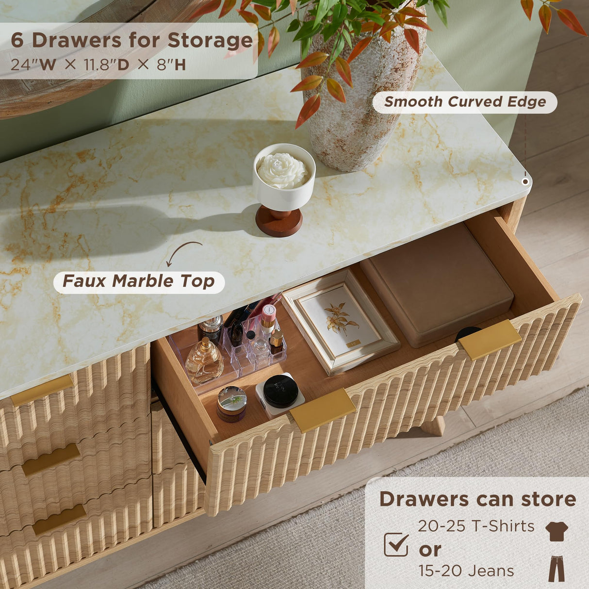 T4TREAM Fluted 6 Drawers Dresser, 54" Wide Modern Chest of Drawers with Faux Marble Top, Curved Profile Design, Dresser TV Stand, Wood Drawer Organizer for Bedroom, Living Room, Hallway, Natural Oak T4TREAM