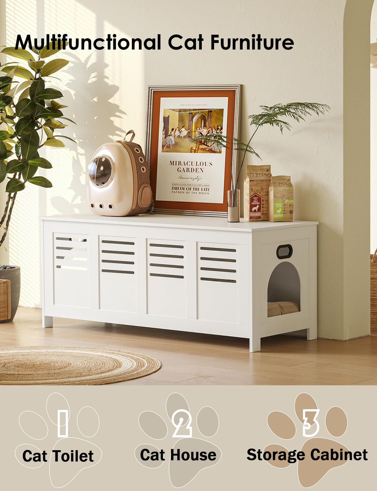 DINZI LVJ Litter Box Enclosure Furniture for 2 Cats, Top Opening Hidden Litter Box with Double Rooms, Dual Cat House with Good Ventilation, 47.2" Wooden Cat Washroom, White DINZI LVJ