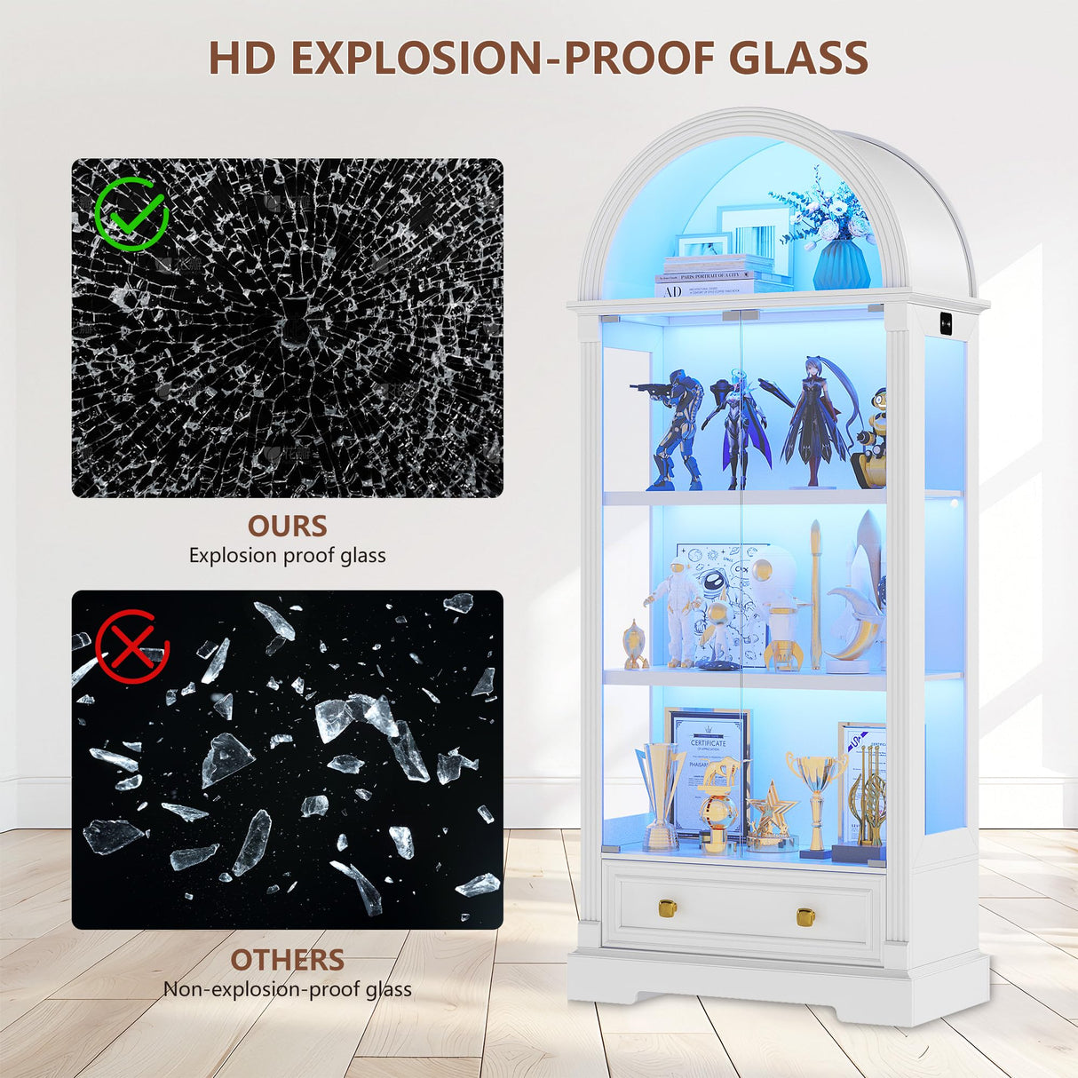 Arched Display Cabinet with Glass Doors, 72" Tall Curio Cabinet with Human Sensor Lights, 4-Tier Display Case for Collectibles Bookcase Living Room Dystler